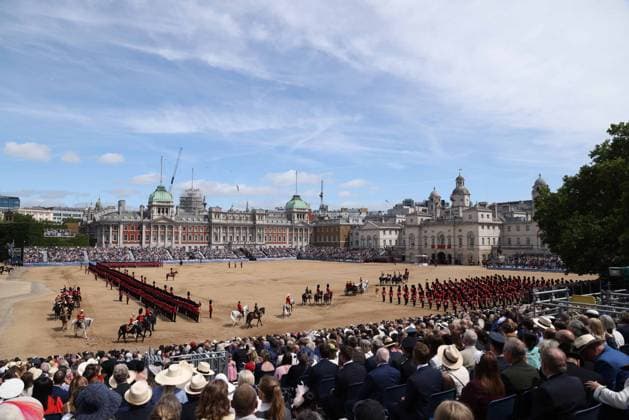 The King™s Birthday Parade, Trooping The Colour, takes places on Horse Guard™s Parade as The King™s Company, 1st Battalion Grenadier Guards, troop their colour in front of King Charles III. 1,350 soldiers, The Household Division and the King s Troop Royal Horse Artillery were in attendance, A flypast took place along The Mall and over Buckingham Palace, and included aircraft old and new, and was completed by the famous Red Arrows. Trooping The Colour, London, 13th June, 2026.  .