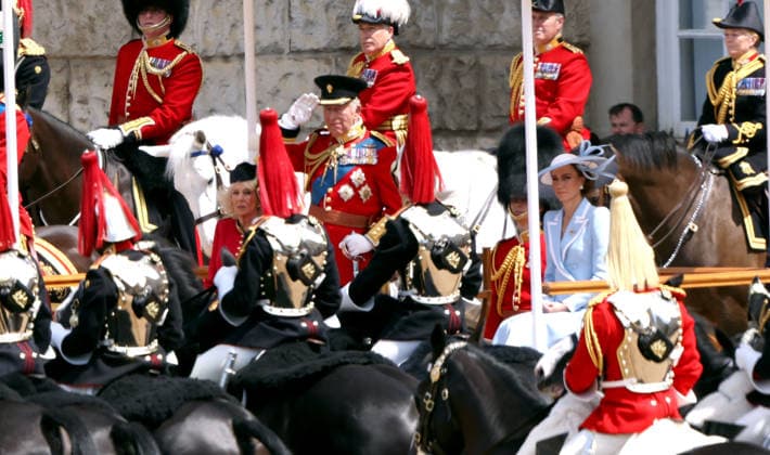 King Charles III, salutes the Household Division as The King™s Birthday Parade, Trooping The Colour, takes places on Horse Guard™s Parade as The King™s Company, 1st Battalion Grenadier Guards, troop their colour in front of King Charles III. 1,350 soldiers, The Household Division and the King s Troop Royal Horse Artillery were in attendance, A flypast took place along The Mall and over Buckingham Palace, and included aircraft old and new, and was completed by the famous Red Arrows. Trooping The Colour, London, 13th June, 2026.  .