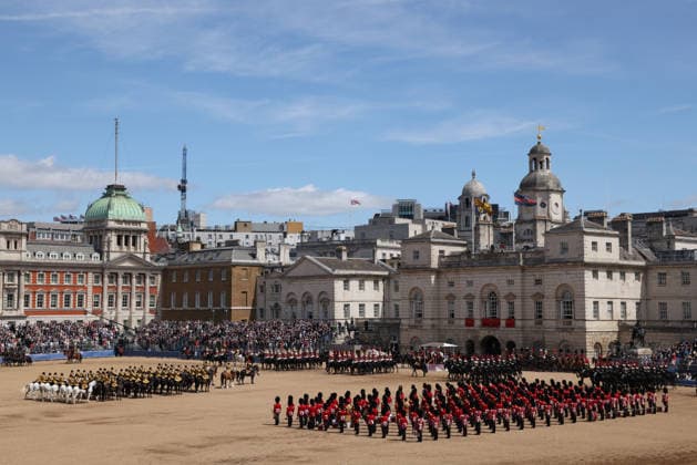The King™s Birthday Parade, Trooping The Colour, takes places on Horse Guard™s Parade as The King™s Company, 1st Battalion Grenadier Guards, troop their colour in front of King Charles III. 1,350 soldiers, The Household Division and the King s Troop Royal Horse Artillery were in attendance, A flypast took place along The Mall and over Buckingham Palace, and included aircraft old and new, and was completed by the famous Red Arrows. Trooping The Colour, London, 13th June, 2026.  .