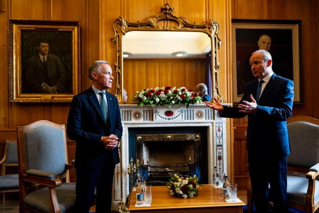 June 13, 2026, Dublin, Ireland: Prime Minister Mark Carney, left, speaks with Micheal Martin, Ireland s head of government, at the Government Buildings in Dublin, on Saturday, June 13, 2026. Dublin Ireland  - ZUMAc35_ 20260613_zaf_c35_023 Copyright: xChristopherxKatsarovx
