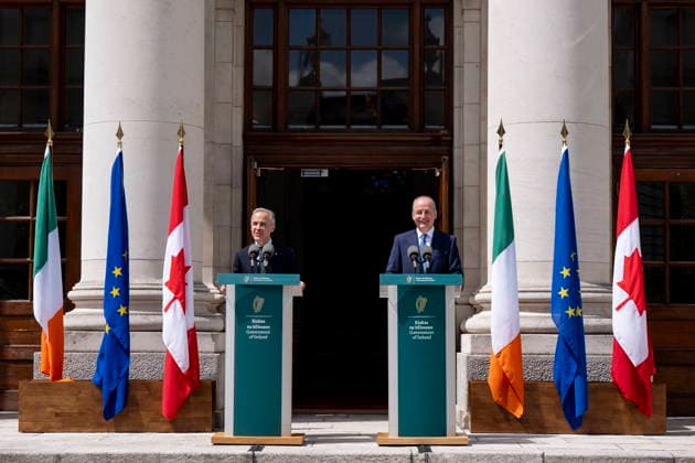 June 13, 2026, Dublin, Ireland: Prime Minister Mark Carney, left, gives remarks alongside Micheal Martin, Ireland s head of government, at the Government Buildings in Dublin, on Saturday, June 13, 2026. Dublin Ireland  - ZUMAc35_ 20260613_zaf_c35_027 Copyright: xChristopherxKatsarovx