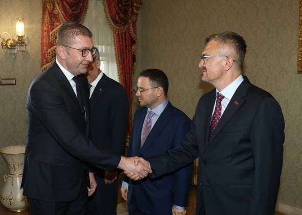 Turkish President Erdogan - North Macedonia’s Prime Minister Mickoski meeting in Istanbul ISTANBUL, TURKIYE - JUNE 13: (----EDITORIAL USE ONLY - MANDATORY CREDIT - TURKISH PRESIDENCY MURAT KULA HANDOUT - NO MARKETING NO ADVERTISING CAMPAIGNS - DISTRIBUTED AS A SERVICE TO CLIENTS----) Turkish President Recep Tayyip Erdogan (not seen) receives North Macedonia’s Prime Minister Hristijan Mickoski (L) at the Dolmabahce Working Office in Istanbul, Turkiye, on June 13, 2026. Turkish Justice Minister Akin Gurlek (C) and Turkish Presidential Communications Director Burhanettin Duran (R) were also present. Turkish Presidency Murat Kula Handout Anadolu Istanbul Turkey. Editorial use only. Please get in touch for any other usage.  Copyright: x2026xAnadoluxTurkishxPresidencyx xMuratxKulax xHandoutx