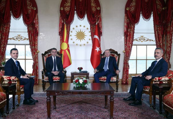 Turkish President Erdogan - North Macedonia’s Prime Minister Mickoski meeting in Istanbul ISTANBUL, TURKIYE - JUNE 13: (----EDITORIAL USE ONLY - MANDATORY CREDIT - TURKISH PRESIDENCY MURAT KULA HANDOUT - NO MARKETING NO ADVERTISING CAMPAIGNS - DISTRIBUTED AS A SERVICE TO CLIENTS----) Turkish President Recep Tayyip Erdogan (2nd R) receives North Macedonia’s Prime Minister Hristijan Mickoski (2nd L) at the Dolmabahce Working Office in Istanbul, Turkiye, on June 13, 2026. Turkish Foreign Minister Hakan Fidan (R) was also present. Turkish Presidency Murat Kula Handout Anadolu Istanbul Turkey. Editorial use only. Please get in touch for any other usage.  Copyright: x2026xAnadoluxTurkishxPresidencyx xMuratxKulax xHandoutx