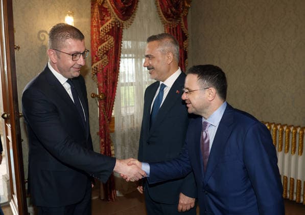 Turkish President Erdogan - North Macedonia’s Prime Minister Mickoski meeting in Istanbul ISTANBUL, TURKIYE - JUNE 13: (----EDITORIAL USE ONLY - MANDATORY CREDIT - TURKISH PRESIDENCY MURAT KULA HANDOUT - NO MARKETING NO ADVERTISING CAMPAIGNS - DISTRIBUTED AS A SERVICE TO CLIENTS----) Turkish President Recep Tayyip Erdogan (not seen) receives North Macedonia’s Prime Minister Hristijan Mickoski (L) at the Dolmabahce Working Office in Istanbul, Turkiye, on June 13, 2026. Turkish Foreign Minister Hakan Fidan (C) and Turkish Justice Minister Akin Gurlek (R) were also present. Turkish Presidency Murat Kula Handout Anadolu Istanbul Turkey. Editorial use only. Please get in touch for any other usage.  Copyright: x2026xAnadoluxTurkishxPresidencyx xMuratxKulax xHandoutx