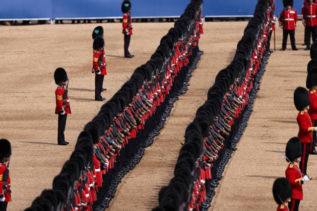 The King™s Birthday Parade, Trooping The Colour, takes places on Horse Guard™s Parade as The King™s Company, 1st Battalion Grenadier Guards, troop their colour in front of King Charles III. 1,350 soldiers, The Household Division and the King s Troop Royal Horse Artillery were in attendance, A flypast took place along The Mall and over Buckingham Palace, and included aircraft old and new, and was completed by the famous Red Arrows. Trooping The Colour, London, 13th June, 2026.  .