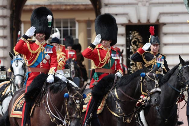 (L-R) William The Prince of Wales and Edward The Duke of Edinburgh and Anne Princess Royal salute as they depart Buckingham Palace on horseback for the annual Trooping the Colour in recognition of the King s birthday at Horseguards Parade on Saturday June 13, 2026.  LON2026061310 HUGOxPHILPOTT