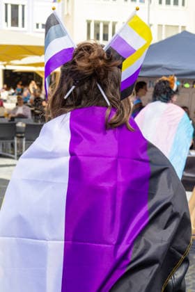 Augsburg, Bavaria, Germany June 13, 2026: Christopher Street Day (CSD) in Augsburg. The parade through the city center promotes the rights of LGBTQ+ people as well as social diversity and tolerance. The non-binary pride flag symbolizes gender diversity, individual identity, and the visibility of people outside the binary gender system *** Christopher Street Day (CSD) in Augsburg. Der Demonstrationszug durch die Innenstadt wirbt für die Rechte von LGBTQ+-Menschen sowie für gesellschaftliche Vielfalt und Toleranz. Die nichtbinäre Pride-Flagge steht für Geschlechtervielfalt, individuelle Identität und die Sichtbarkeit von Menschen außerhalb der binären Geschlechterordnung