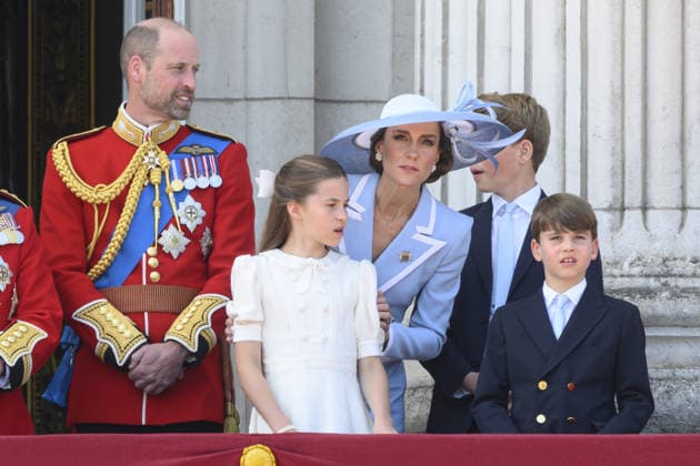 Royal family on the balcony during Trooping the Colour 2026 ceremony in celebration of King Charles III s official birthday Featuring: Queen Camilla, King Charles, William Prince of Wales, Princess Charlotte, Catherine Princess of Wales, Prince George and Prince Louis Where: London, United Kingdom When: 13 Jun 2026 Credit: Cover Images **NOT AVAILABLE FOR HELLO MAGAZINE** EDITORIAL USE ONLY. NOT FOR USE BY NEWSPAPERS BASED IN THE UK. Copyright: xx coverimg55770736