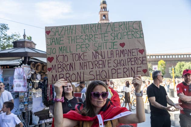 IPA85646510 - Milan, Largo Cairoli, Piazza Castello, June 13, 2026, Protest: Albania Is Not for Sale a demonstration by the Albanian community against the Rama government and the resort  Copyright: xFrancescoxEnriquezx xFrancescoxEnriquezx 85646510