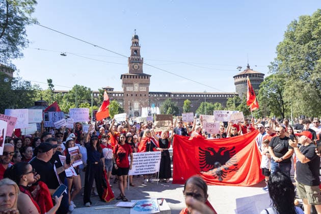 IPA85646518 - Milan, Largo Cairoli, Piazza Castello, June 13, 2026, Protest: Albania Is Not for Sale a demonstration by the Albanian community against the Rama government and the resort  Copyright: xFrancescoxEnriquezx xFrancescoxEnriquezx 85646518