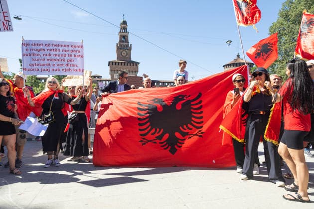 IPA85646522 - Milan, Largo Cairoli, Piazza Castello, June 13, 2026, Protest: Albania Is Not for Sale a demonstration by the Albanian community against the Rama government and the resort  Copyright: xFrancescoxEnriquezx xFrancescoxEnriquezx 85646522