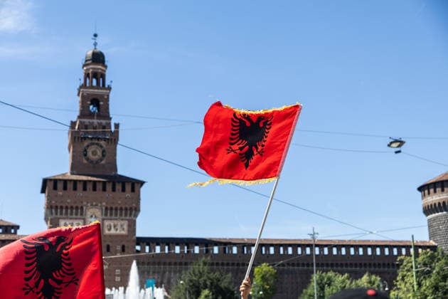 IPA85646530 - Milan, Largo Cairoli, Piazza Castello, June 13, 2026, Protest: Albania Is Not for Sale a demonstration by the Albanian community against the Rama government and the resort  Copyright: xFrancescoxEnriquezx xFrancescoxEnriquezx 85646530