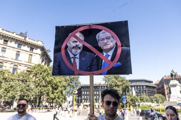 IPA85646536 - Milan, Largo Cairoli, Piazza Castello, June 13, 2026, Protest: Albania Is Not for Sale a demonstration by the Albanian community against the Rama government and the resort  Copyright: xFrancescoxEnriquezx xFrancescoxEnriquezx 85646536