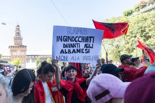 IPA85646512 - Milan, Largo Cairoli, Piazza Castello, June 13, 2026, Protest: Albania Is Not for Sale a demonstration by the Albanian community against the Rama government and the resort  Copyright: xFrancescoxEnriquezx xFrancescoxEnriquezx 85646512