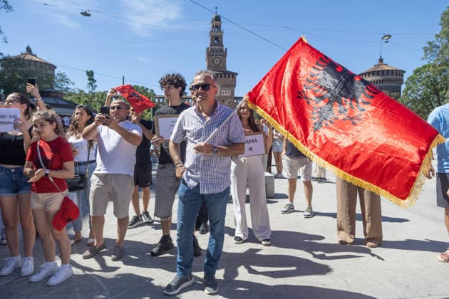 IPA85646533 - Milan, Largo Cairoli, Piazza Castello, June 13, 2026, Protest: Albania Is Not for Sale a demonstration by the Albanian community against the Rama government and the resort  Copyright: xFrancescoxEnriquezx xFrancescoxEnriquezx 85646533
