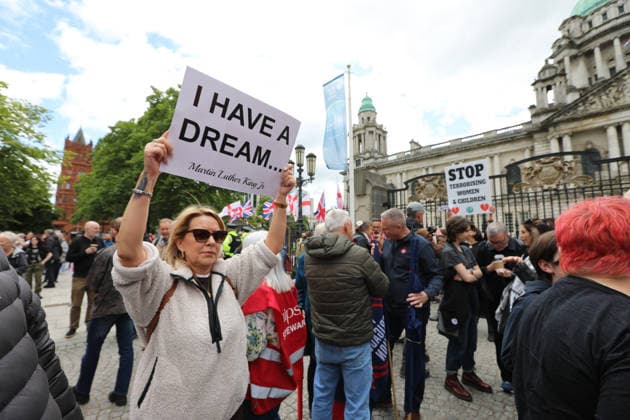 Anti-racism protest in Belfast BELFAST, NORTHERN IRELAND - JUNE 13: Thousands gather for anti-racism rally, after violence erupted across the city this week as the businesses and vehicles were targeted in Belfast, Northern Ireland on June 13, 2026. Conor McCaughley Anadolu Belfast Ireland. Editorial use only. Please get in touch for any other usage.  Copyright: x2026xAnadoluxConorxMcCaughleyx