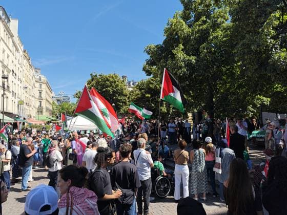 Rally in support of Palestinians organized by EuroPalestine in Paris PARIS, FRANCE - JUNE 13: Demonstrators wave Palestinian and Lebanon flags during a rally organized by EuroPalestine at the Fontaine des Innocents in Paris, France, on June 13, 2026. Awareness and document distribution stands were set up on site as participants denounced the war in Gaza and reaffirmed their support for the Palestinian people. Umit Donmez Anadolu Paris France. Editorial use only. Please get in touch for any other usage.  Copyright: x2026xAnadoluxUmitxDonmezx