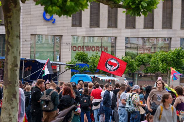 Pride March and Demonstration During CSD in Kassel Germany - Kassel, 13.06.2026 Antifa flag as participants take part in the Christopher Street Day (CSD) march in Kassel. Demonstrators marched from Königsplatz through the city centre before returning to Königsplatz, where rallies and speeches were held before and after the procession. Hundreds of people gathered to advocate for LGBTQ+ rights, equality and diversity. Local media reported attendance of around 1,500 participants, though official figures were not immediately available. Hesse