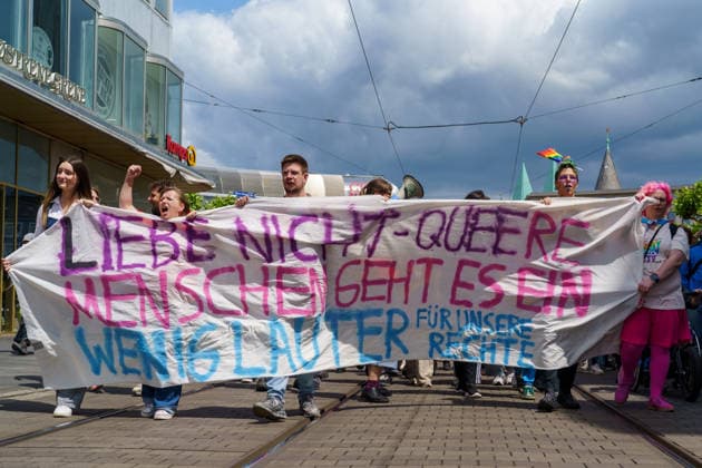 Pride March and Demonstration During CSD in Kassel Germany - Kassel, 13.06.2026 The front of the demonstration as participants take part in the Christopher Street Day (CSD) march in Kassel. Demonstrators marched from Königsplatz through the city centre before returning to Königsplatz, where rallies and speeches were held before and after the procession. Hundreds of people gathered to advocate for LGBTQ+ rights, equality and diversity. Local media reported attendance of around 1,500 participants, though official figures were not immediately available. Hesse