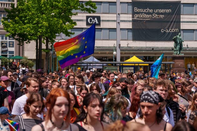 Pride March and Demonstration During CSD in Kassel Germany - Kassel, 13.06.2026 European rainbow flag as participants take part in the Christopher Street Day (CSD) march in Kassel. Demonstrators marched from Königsplatz through the city centre before returning to Königsplatz, where rallies and speeches were held before and after the procession. Hundreds of people gathered to advocate for LGBTQ+ rights, equality and diversity. Local media reported attendance of around 1,500 participants, though official figures were not immediately available. Hesse