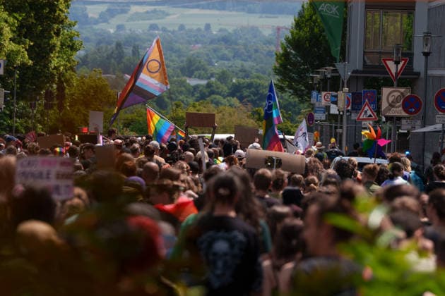 Pride March and Demonstration During CSD in Kassel Germany - Kassel, 13.06.2026 Participants take part in the Christopher Street Day (CSD) march in Kassel. Demonstrators marched from Königsplatz through the city centre before returning to Königsplatz, where rallies and speeches were held before and after the procession. Hundreds of people gathered to advocate for LGBTQ+ rights, equality and diversity. Local media reported attendance of around 1,500 participants, though official figures were not immediately available. Hesse