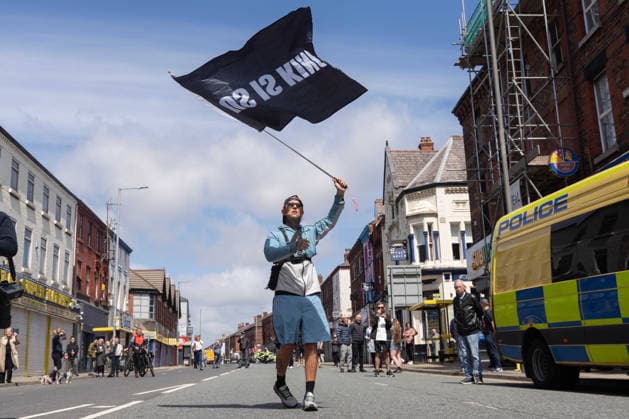 Anti-immigration protest march, Walton, Liverpool, UK, 13 June 2026. A large police presence prevents major disorder at an anti-immigration, pro-deportation protest march in Walton, Liverpool, UK, 13 June 2026., Credit:John Johnson Avalon  Copyright: xJohnxJohnsonx xAvalonx 1109948906
