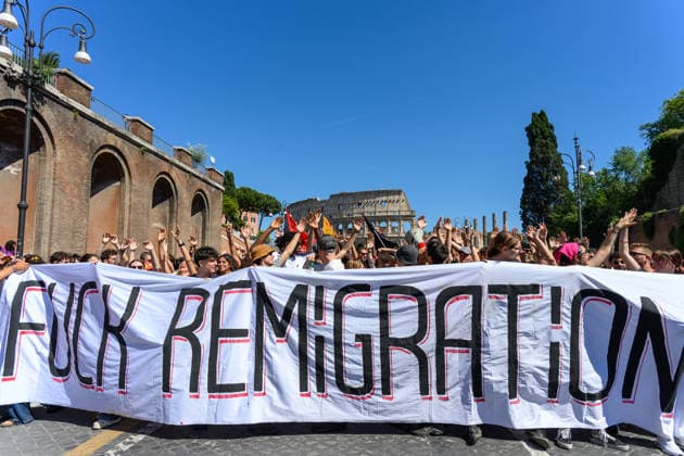 People take part in an anti-fascist demonstration in central Rome, as they march against a rally organised by right-wing groups advocating remigration in Rome June 13, 2026. AndreaxStaccioli