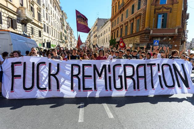 People take part in an anti-fascist demonstration in central Rome, as they march against a rally organised by right-wing groups advocating remigration in Rome June 13, 2026. AndreaxStaccioli