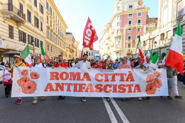 People take part in an anti-fascist demonstration in central Rome, as they march against a rally organised by right-wing groups advocating remigration in Rome June 13, 2026. AndreaxStaccioli