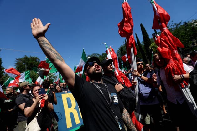 IPA85651793 - Rome, Italy, June 13, 2026: Far-right participants from across Italy march in the remigration rally through the Prati neighborhood during the demonstration organized by the Remigration and Reconquest committee. The march, which began in the afternoon at Piazza della LibertÃ , passed through Via Cola di Rienzo and ended at Piazza Risorgimento. The event was organized in support of a proposed citizens™ initiative bill on remigration.  Copyright: xmarcoxiacobuccix xmarcoxiacobuccix 85651793