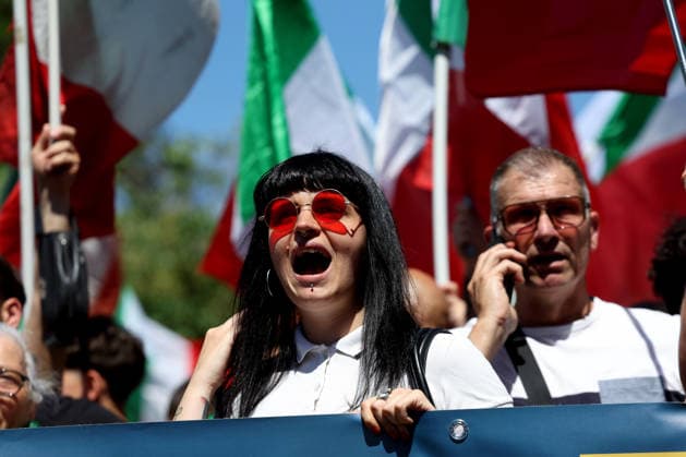 IPA85651805 - Rome, Italy, June 13, 2026: Far-right participants from across Italy march in the remigration rally through the Prati neighborhood during the demonstration organized by the Remigration and Reconquest committee. The march, which began in the afternoon at Piazza della LibertÃ , passed through Via Cola di Rienzo and ended at Piazza Risorgimento. The event was organized in support of a proposed citizens™ initiative bill on remigration.  Copyright: xmarcoxiacobuccix xmarcoxiacobuccix 85651805
