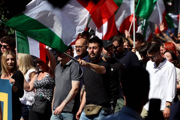 IPA85651854 - Rome, Italy, June 13, 2026: Far-right participants from across Italy march in the remigration rally through the Prati neighborhood during the event organized by the Remigration and Reconquest committee. The march, which began in the afternoon at Piazza della LibertÃ , passed through Via Cola di Rienzo and ended at Piazza Risorgimento. The event was organized in support of a proposed citizens™ initiative bill on remigration.  Copyright: xmarcoxiacobuccix xmarcoxiacobuccix 85651854