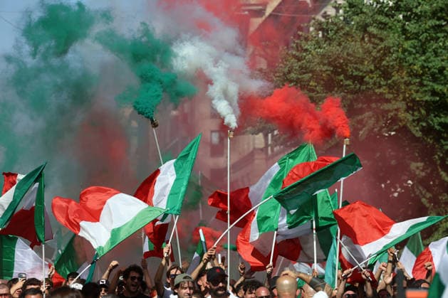 IPA85651870 - Rome, Italy, June 13, 2026: Far-right participants from across Italy march in the remigration rally through the Prati neighborhood during the demonstration organized by the Remigration and Reconquest committee. The march, which began in the afternoon at Piazza della LibertÃ , passed through Via Cola di Rienzo and ended at Piazza Risorgimento. The event was organized in support of a proposed citizens™ initiative bill on remigration.  Copyright: xmarcoxiacobuccix xmarcoxiacobuccix 85651870