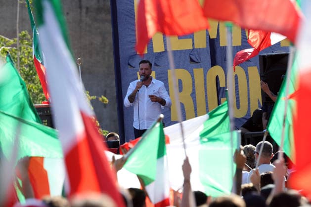 IPA85651945 - Rome, Italy, June 13, 2026: Luca Marsella of CasaPound. Far-right participants from across Italy march in the remigration rally through the Prati neighborhood during the event organized by the Remigration and Reconquest committee. The march, which began in the afternoon at Piazza della LibertÃ , passed through Via Cola di Rienzo and ended at Piazza Risorgimento. The event was organized in support of a proposed citizens™ initiative bill on remigration.  Copyright: xmarcoxiacobuccix xmarcoxiacobuccix 85651945