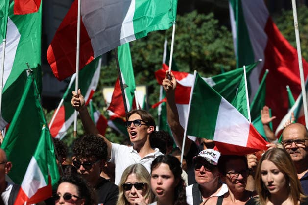 IPA85651856 - Rome, Italy, June 13, 2026: Far-right participants from across Italy march in the remigration rally through the Prati neighborhood during the demonstration organized by the Remigration and Reconquest committee. The march, which began in the afternoon at Piazza della LibertÃ , passed through Via Cola di Rienzo and ended at Piazza Risorgimento. The event was organized in support of a proposed citizens™ initiative bill on remigration.  Copyright: xmarcoxiacobuccix xmarcoxiacobuccix 85651856