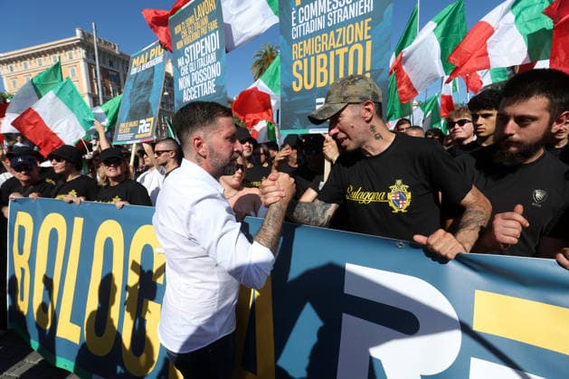 IPA85651919 - Rome, Italy, June 13, 2026: Luca Marsella of CasaPound. Far-right participants from all over Italy march in the Remigration rally through the Prati neighborhood during the event organized by the Remigration and Reconquest committee. The march, which began in the afternoon at Piazza della LibertÃ , passed through Via Cola di Rienzo and ended at Piazza Risorgimento. The event was organized in support of a proposed citizens™ initiative bill on remigration.  Copyright: xmarcoxiacobuccix xmarcoxiacobuccix 85651919