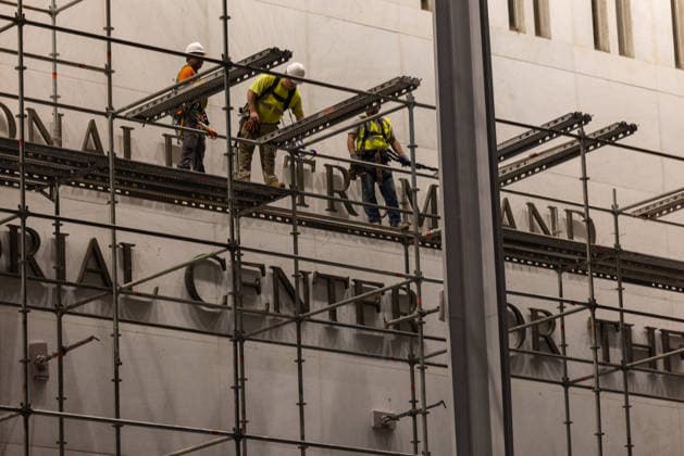 Removal of US President Trump’s name from the Kennedy Center WASHINGTON, DC, UNITED STATES - JUNE 13: Workers set up scaffolding on the facade of the Kennedy Center, ahead of the removal of US President Trump’s name from the building, in Washington, DC, United States, on June 13, 2026. Nathan Posner Anadolu Washington, DC United States. Editorial use only. Please get in touch for any other usage.  Copyright: x2026xAnadoluxNathanxPosnerx