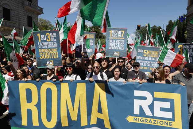 Anti-immigration demonstration in Rome ROME, ITALY, JUNE 13: Protesters attend an anti-immigration demonstration in Rome, Italy, on June 13, 2026. Thousands of people took part in a march organized by the far-right movement Remigration and Reconquest in support of a popular legislative proposal aimed, according to the organizers, at tackling irregular immigration and safeguarding national identity. Chants praising Benito Mussolini and anti-Muslim slogans were also heard during the demonstration. Riccardo De Luca Anadolu Rome Italy. Editorial use only. Please get in touch for any other usage.  Copyright: x2026xAnadoluxRiccardoxDexLucax