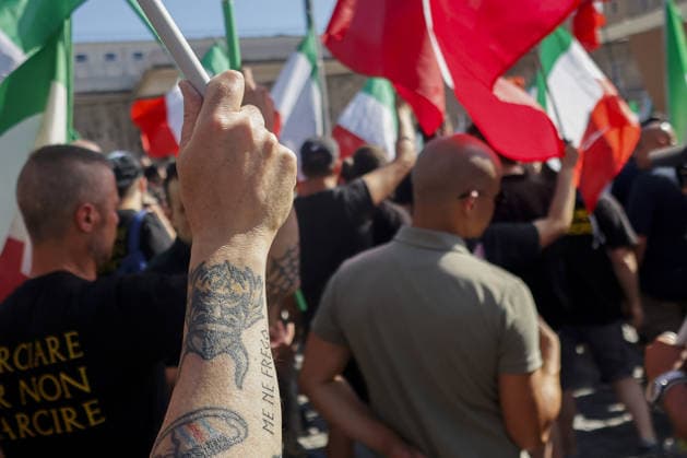 Anti-immigration demonstration in Rome ROME, ITALY, JUNE 13: Protesters attend an anti-immigration demonstration in Rome, Italy, on June 13, 2026. Thousands of people took part in a march organized by the far-right movement Remigration and Reconquest in support of a popular legislative proposal aimed, according to the organizers, at tackling irregular immigration and safeguarding national identity. Chants praising Benito Mussolini and anti-Muslim slogans were also heard during the demonstration. Riccardo De Luca Anadolu Rome Italy. Editorial use only. Please get in touch for any other usage.  Copyright: x2026xAnadoluxRiccardoxDexLucax