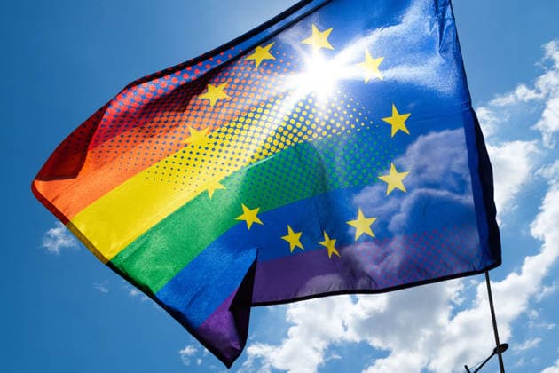 June 13, 2026, Warsaw, Masovian Voivodeship, Poland: A rainbow European Union flag waves in the air during the 25th annual Warsaw LGBTQ+ Pride Parade, known in Polish as the Equality Parade. LGBTQ+ people in Poland do not have the right to same-sex civil partnerships, marriage, and child adoption, while also facing homophobia and queerphobia from a largely conservative society. Therefore, the parade is organized primarily as a march for equal rights. Warsaw Poland  - ZUMAk204 20260613_zip_k204_001 Copyright: xRomanxKozielx