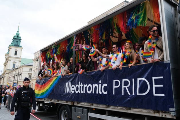 June 13, 2026, Warsaw, Masovian Voivodeship, Poland: A Medtronic corporate pride float drives down Krakowskie Przedmiescie street during the 25th annual Warsaw LGBTQ+ Pride Parade, known in Polish as the Equality Parade. LGBTQ+ people in Poland do not have the right to same-sex civil partnerships, marriage, and child adoption, while also facing homophobia and queerphobia from a largely conservative society. Therefore, the parade is organized primarily as a march for equal rights. Warsaw Poland  - ZUMAk204 20260613_zip_k204_017 Copyright: xRomanxKozielx