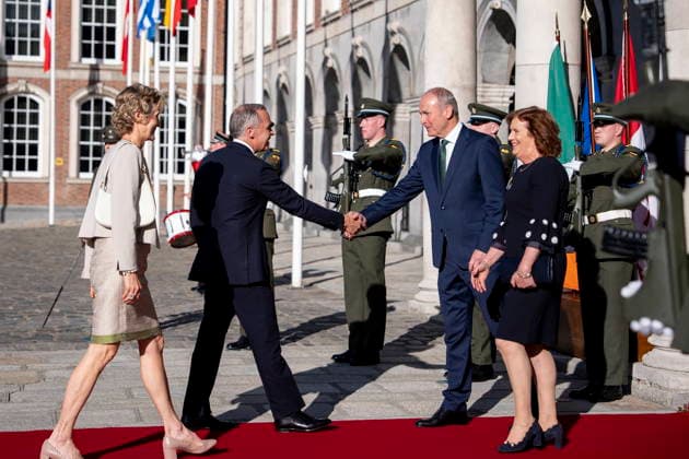 June 13, 2026, Dublin, Ireland: Prime Minister Mark Carney and Diana Fox Carney are greeted by Ireland s head of government Micheal Martin and spouse Mary Martin as they arrive at the Dublin Castle in Dublin,on Saturday, June 13, 2026. Dublin Ireland  - ZUMAc35_ 20260613_zaf_c35_050 Copyright: xChristopherxKatsarovx