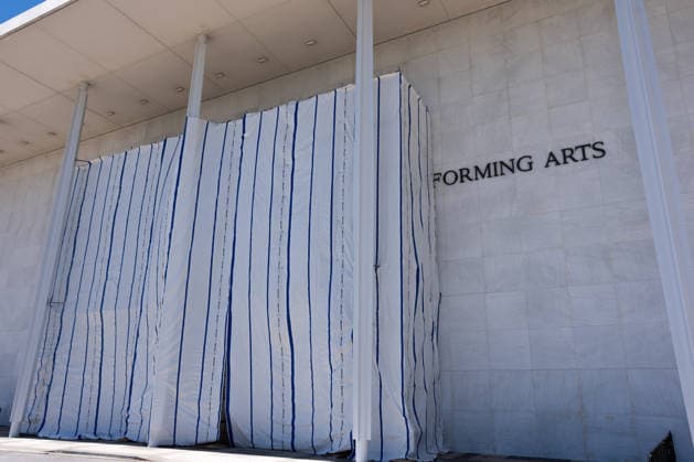 A tarp covers the sign for the Donald J. Trump and The John F. Kennedy Memorial Center for the Performing Arts in Washington, DC on Saturday, June 13, 2026. The Kennedy Center board voted to seek an emergency appeal to block a court order requiring the removal of President Trump s name from the Kennedy Center, but a judge denied their request.  WAP20260613054 AARONxSCHWARTZ