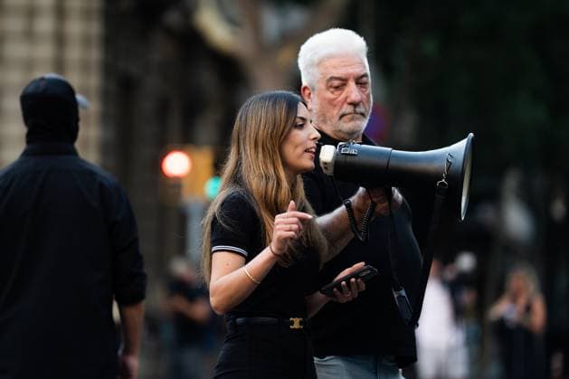 Rally of the ultranationalist group Nucleo Nacional in Barcelona BARCELONA, SPAIN - JUNE 13. Around 50 ultranationalists from Nucleo Nacional group gathered in front of the Spanish government delegation in Barcelona to protest the city s insecurity, which they attribute to immigration. During their speeches, they championed the Aryan race, stating they would fight even if it meant shedding blood, and the Nazi salute was seen. Barcelona Spain Copyright: x xMarcxAsensioxClupÃ sx xJNAxPressx