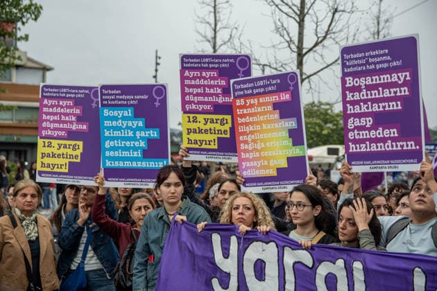 June 13, 2026, Istanbul, Istanbul, Turkey: Women s, LGBTQ+ and children s rights organizations gathered to protest the government s proposed 12th Judicial Reform Package, holding a press statement against what they describe as a measure that would restrict fundamental rights and freedoms. Speakers criticized provisions related to alimony, custody, mediation in cases involving violence, LGBTQ+ rights, children s rights and social media regulations, arguing that the package would increase state control over private life and weaken existing legal protections. The groups called for the complete withdrawal of the proposal and reaffirmed their commitment to defending equal rights, freedom and a life free from violence. Istanbul Turkey - ZUMAt171 20260613_zip_t171_032 Copyright: xAbdullahxTepelix