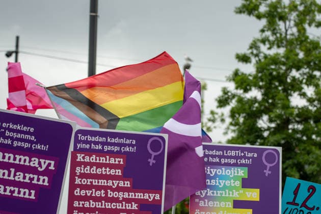 June 13, 2026, Istanbul, Istanbul, Turkey: Women s, LGBTQ+ and children s rights organizations gathered to protest the government s proposed 12th Judicial Reform Package, holding a press statement against what they describe as a measure that would restrict fundamental rights and freedoms. Speakers criticized provisions related to alimony, custody, mediation in cases involving violence, LGBTQ+ rights, children s rights and social media regulations, arguing that the package would increase state control over private life and weaken existing legal protections. The groups called for the complete withdrawal of the proposal and reaffirmed their commitment to defending equal rights, freedom and a life free from violence. Istanbul Turkey - ZUMAt171 20260613_zip_t171_043 Copyright: xAbdullahxTepelix