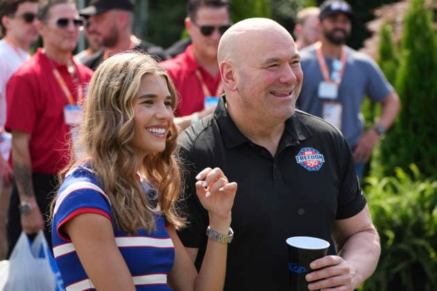 Kai Trump, left, and UFC President and CEO Dana White look on before a Motorsports athlete and stunt performer does a motorcycle jump ahead of the UFC Freedom 250 fights on the South Lawn of the White House in Washington, DC on Saturday, June 13, 2026.  WASP20260613101 AlexxBrandon
