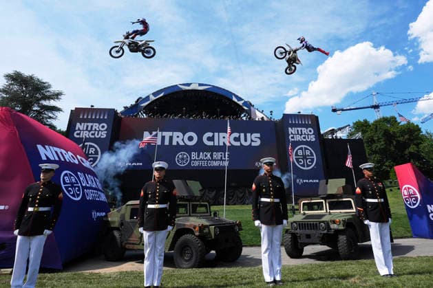 Motorsports athletes and stunt performers do a motorcycle jump ahead of the UFC Freedom 250 fights on the South Lawn of the White House in Washington, DC on Saturday, June 13, 2026.  WASP20260613112 AlexxBrandon
