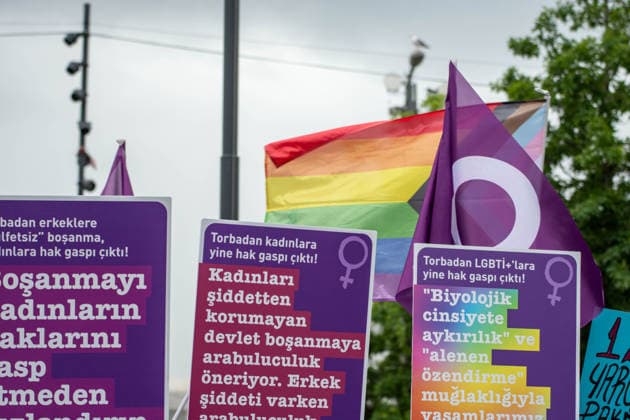 June 13, 2026, Istanbul, Istanbul, Turkey: Women s, LGBTQ+ and children s rights organizations gathered to protest the government s proposed 12th Judicial Reform Package, holding a press statement against what they describe as a measure that would restrict fundamental rights and freedoms. Speakers criticized provisions related to alimony, custody, mediation in cases involving violence, LGBTQ+ rights, children s rights and social media regulations, arguing that the package would increase state control over private life and weaken existing legal protections. The groups called for the complete withdrawal of the proposal and reaffirmed their commitment to defending equal rights, freedom and a life free from violence. Istanbul Turkey - ZUMAt171 20260613_zip_t171_045 Copyright: xAbdullahxTepelix