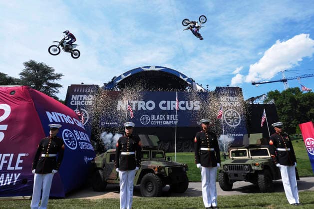 Motorsports athletes and stunt performers do a motorcycle jump ahead of the UFC Freedom 250 fights on the South Lawn of the White House in Washington, DC on Saturday, June 13, 2026.  WASP20260613118 AlexxBrandon